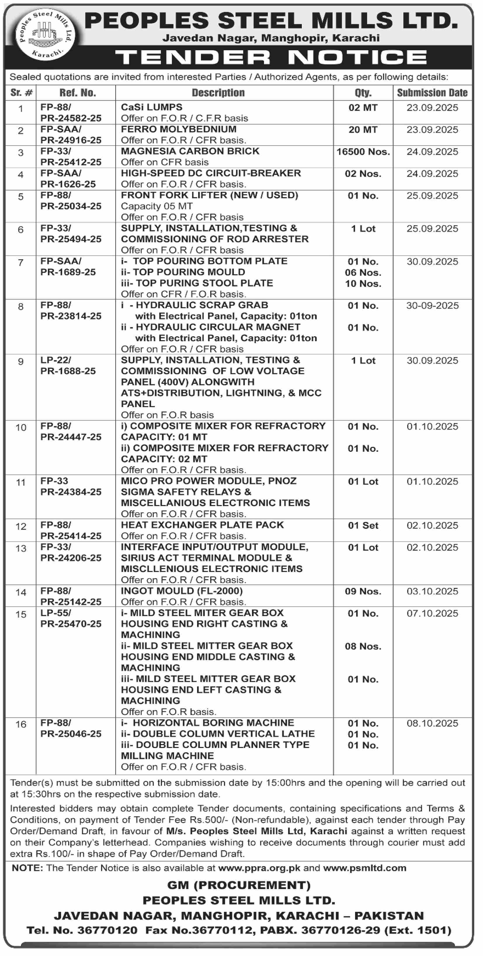 Peoples Steel Mills Karachi Tender Notice